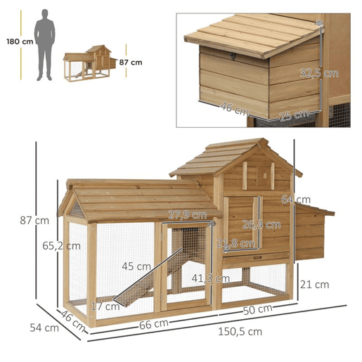 PawHut Galinheiro de Madeira XXL para Exterior com 2 Cercados de Arame, Caixa de Ninho com Teto Abrível, Bandeja Removível em Metal Galvanizado e Rampa 151,5x54x87 cm Natural