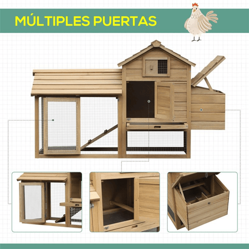 PawHut Galinheiro de Madeira XXL para Exterior com 2 Cercados de Arame, Caixa de Ninho com Teto Abrível, Bandeja Removível em Metal Galvanizado e Rampa 151,5x54x87 cm Natural