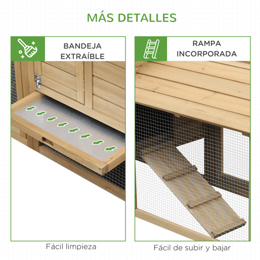 PawHut Galinheiro de Madeira XXL para Exterior com 2 Cercados de Arame, Caixa de Ninho com Teto Abrível, Bandeja Removível em Metal Galvanizado e Rampa 151,5x54x87 cm Natural