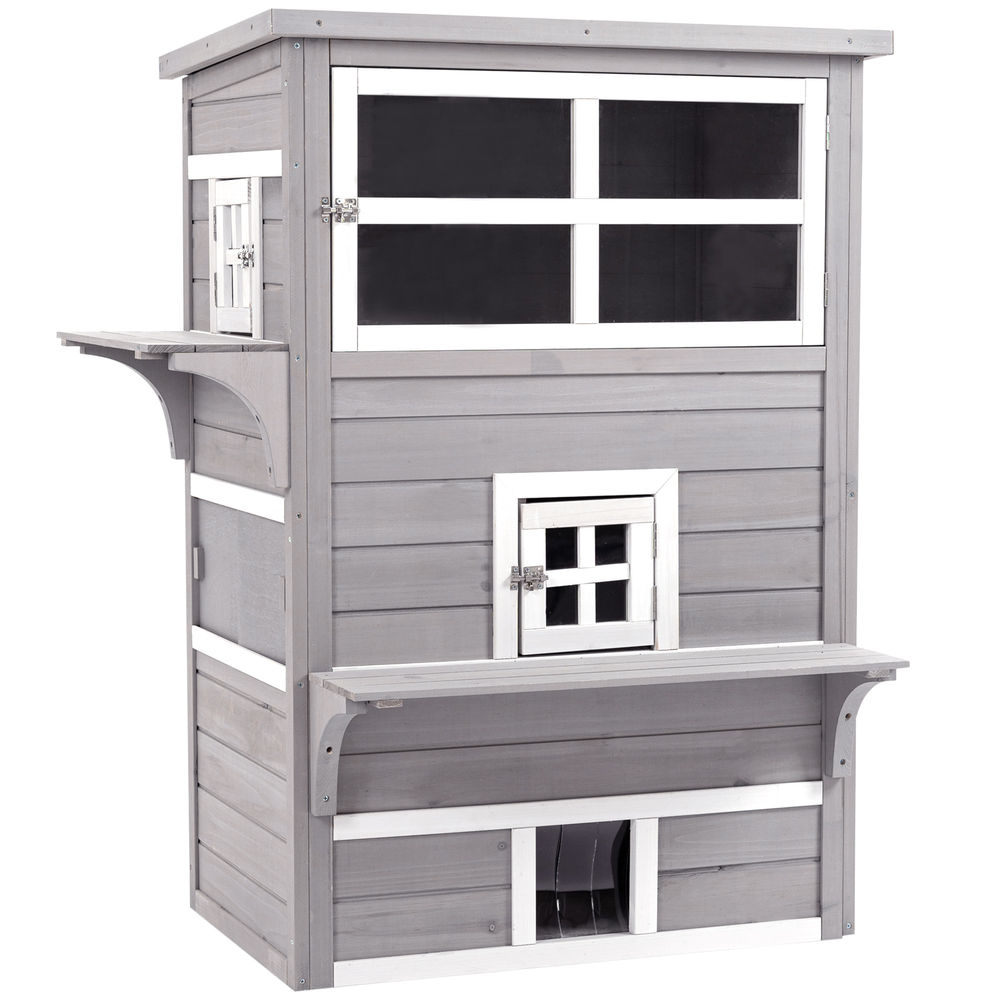Pawhut caseta para gatos de madera exterior casa grande para gatos de 3 pisos con múltiples entradas ventanas y 2 plataformas para terraza balcón jardín 93,5x67x117 cm gris
