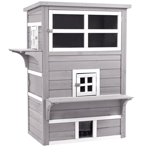 PawHut Casa para Gatos de Madeira Exterior Casa Grande para Gatos de 3 Andares com Múltiplas Entradas Janelas e 2 Plataformas para Terraço Balcão Jardim 98x68,5x122cm Cinza