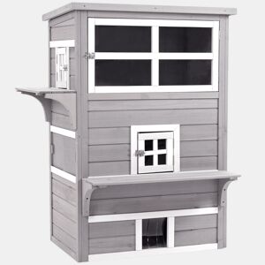 PawHut Casa para Gatos de Madeira Exterior Casa Grande para Gatos de 3 Andares com Múltiplas Entradas Janelas e 2 Plataformas para Terraço Balcão Jardim 98x68,5x122cm Cinza
