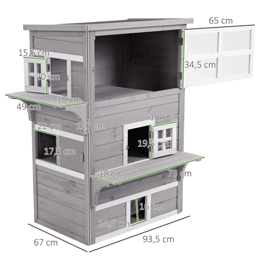 PawHut Casa para Gatos de Madeira Exterior Casa Grande para Gatos de 3 Andares com Múltiplas Entradas Janelas e 2 Plataformas para Terraço Balcão Jardim 98x68,5x122cm Cinza