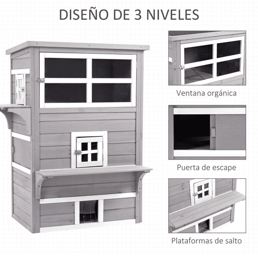 PawHut Casa para Gatos de Madeira Exterior Casa Grande para Gatos de 3 Andares com Múltiplas Entradas Janelas e 2 Plataformas para Terraço Balcão Jardim 98x68,5x122cm Cinza
