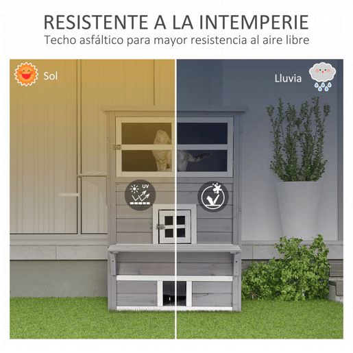 PawHut Casa para Gatos de Madeira Exterior Casa Grande para Gatos de 3 Andares com Múltiplas Entradas Janelas e 2 Plataformas para Terraço Balcão Jardim 98x68,5x122cm Cinza