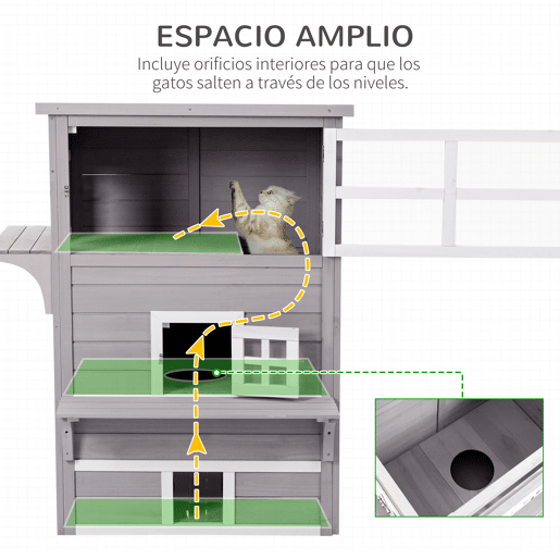 PawHut Casa para Gatos de Madeira Exterior Casa Grande para Gatos de 3 Andares com Múltiplas Entradas Janelas e 2 Plataformas para Terraço Balcão Jardim 98x68,5x122cm Cinza