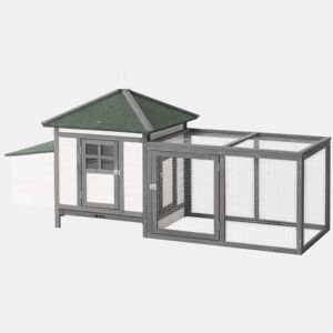 PawHut Galinheiro de Madeira de Abeto para Galinhas Exterior com Caixa Ninho Bandeja Removível e Espaço para Correr 196x76x97 cm Cinza