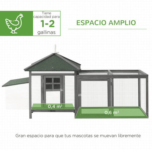 PawHut Galinheiro de Madeira de Abeto para Galinhas Exterior com Caixa Ninho Bandeja Removível e Espaço para Correr 196x76x97 cm Cinza