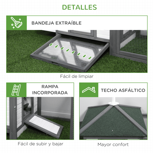 PawHut Galinheiro de Madeira de Abeto para Galinhas Exterior com Caixa Ninho Bandeja Removível e Espaço para Correr 196x76x97 cm Cinza
