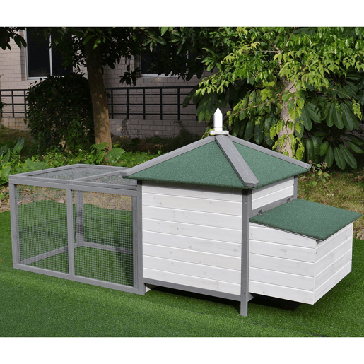PawHut Galinheiro de Madeira de Abeto para Galinhas Exterior com Caixa Ninho Bandeja Removível e Espaço para Correr 196x76x97 cm Cinza