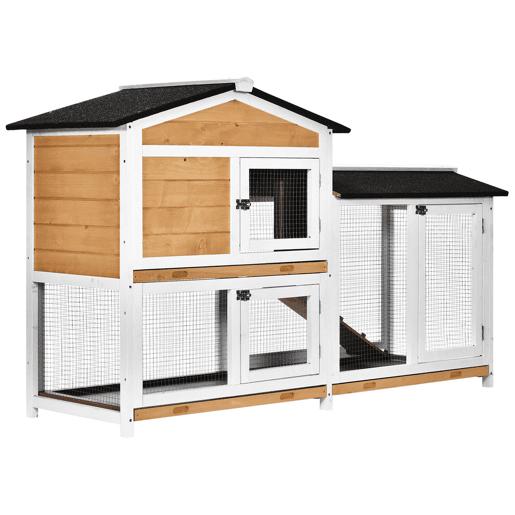 PawHut Coelheira de Madeira Exterior Gaiola para Coelhos de 2 Níveis com Teto Asfáltico 2 Cercados de Metal Bandeja Removível 3 Portas e Rampa 157,4x53x93,5cm Natural