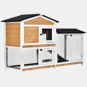 PawHut Coelheira de Madeira Exterior Gaiola para Coelhos de 2 Níveis com Teto Asfáltico 2 Cercados de Metal Bandeja Removível 3 Portas e Rampa 157,4x53x93,5cm Natural