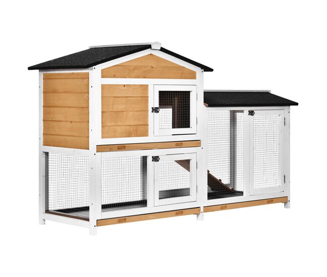 Pawhut conejera de madera exterior jaula para conejos de 2 niveles con techo asfáltico 2 corrales de metal bandeja extraíble 2 puertas y rampa 157,4x53x93,5 cm natural