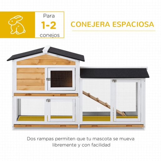 PawHut Coelheira de Madeira Exterior Gaiola para Coelhos de 2 Níveis com Teto Asfáltico 2 Cercados de Metal Bandeja Removível 3 Portas e Rampa 157,4x53x93,5cm Natural