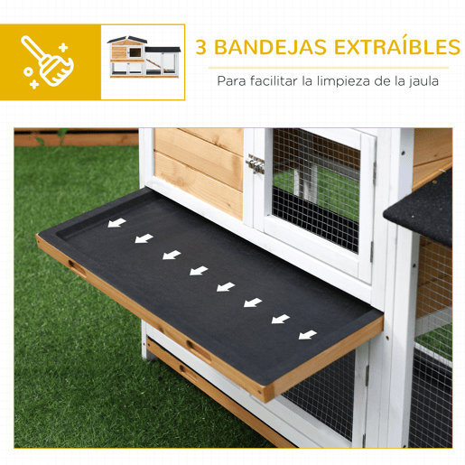 PawHut Coelheira de Madeira Exterior Gaiola para Coelhos de 2 Níveis com Teto Asfáltico 2 Cercados de Metal Bandeja Removível 3 Portas e Rampa 157,4x53x93,5cm Natural