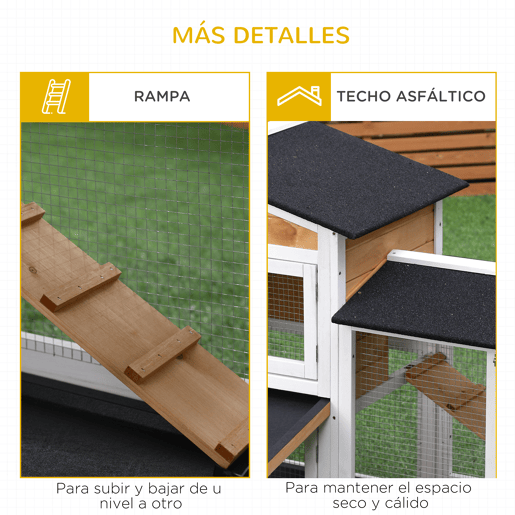 PawHut Coelheira de Madeira Exterior Gaiola para Coelhos de 2 Níveis com Teto Asfáltico 2 Cercados de Metal Bandeja Removível 3 Portas e Rampa 157,4x53x93,5cm Natural