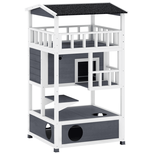 PawHut Caseta de madeira em abeto com espaço amplo com 4 pisos e espaço destacável 75,5x75x137 cm