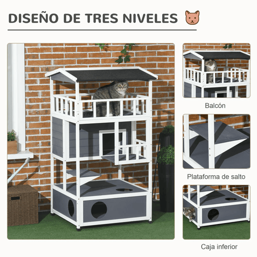 PawHut Caseta de madeira em abeto com espaço amplo com 4 pisos e espaço destacável 75,5x75x137 cm
