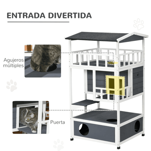 PawHut Caseta de madeira em abeto com espaço amplo com 4 pisos e espaço destacável 75,5x75x137 cm