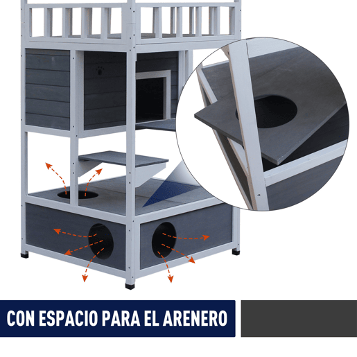 PawHut Caseta de madeira em abeto com espaço amplo com 4 pisos e espaço destacável 75,5x75x137 cm