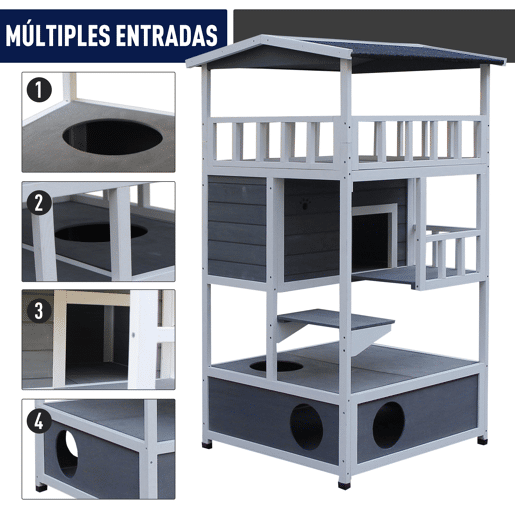 PawHut Caseta de madeira em abeto com espaço amplo com 4 pisos e espaço destacável 75,5x75x137 cm