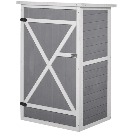 Outsunny Armário de Jardim de Madeira 75x56x115cm Armário de Jardim para Ferramentas com 3 Prateleiras Interiores Porta com Trava e Teto Asfáltico Cinza