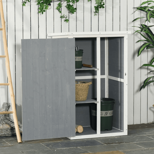 Outsunny Armário de Jardim de Madeira 75x56x115cm Armário de Jardim para Ferramentas com 3 Prateleiras Interiores Porta com Trava e Teto Asfáltico Cinza