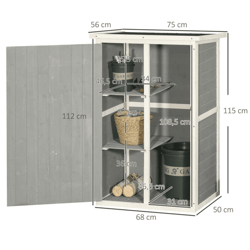 Outsunny Armário de Jardim de Madeira 75x56x115cm Armário de Jardim para Ferramentas com 3 Prateleiras Interiores Porta com Trava e Teto Asfáltico Cinza