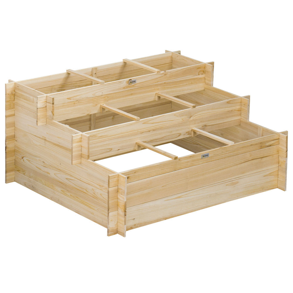 Outsunny huerto urbano jardinera de madera de 3 niveles con tela geotextil para cultivos plantas flores para jardín terraza exterior 117x100x54 cm natural