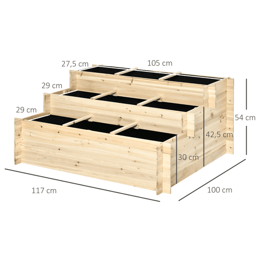 Outsunny Caixa de Plantio de Madeira de 3 Níveis Horta Vertical em Escada com Malha Geotextil para Cultivos de Plantas Flores para Jardim Terraço Exterior 117x100x54cm Natural