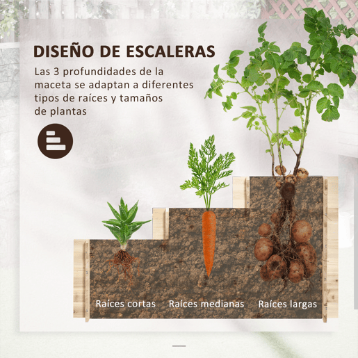 Outsunny Caixa de Plantio de Madeira de 3 Níveis Horta Vertical em Escada com Malha Geotextil para Cultivos de Plantas Flores para Jardim Terraço Exterior 117x100x54cm Natural