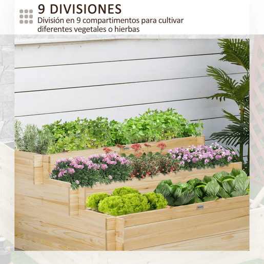Outsunny Caixa de Plantio de Madeira de 3 Níveis Horta Vertical em Escada com Malha Geotextil para Cultivos de Plantas Flores para Jardim Terraço Exterior 117x100x54cm Natural