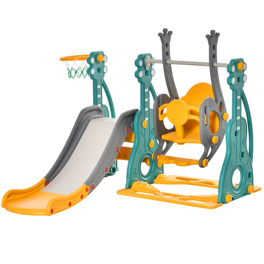 Homcom tobogán infantil con columpio y canasta de baloncesto 3 en 1 para 18-36 meses con asiento ajustable parque infantil para interior y exterior 152x149x107 cm multicolor