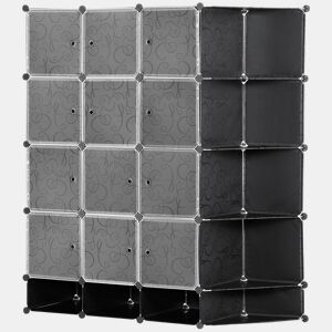 HOMCOM Armário Modular de Plástico Armário Portátil com 16 Cubos e 2 Barras Organizador de Sapatos Roupas Brinquedos para Entrada Corredor Dormitório 145x46x162cm Preto e Branco