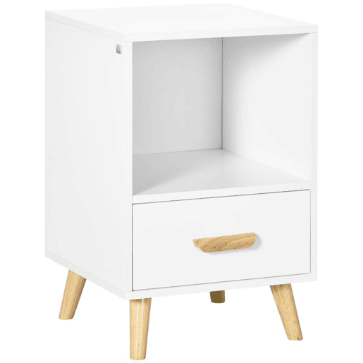 HOMCOM Mesa de Cabeceira Mesa Auxiliar Moderna com 1 Gaveta e Compartimento de Armazenamento para Dormitório Sala de Estar 40x40x62cm Branco e Madeira