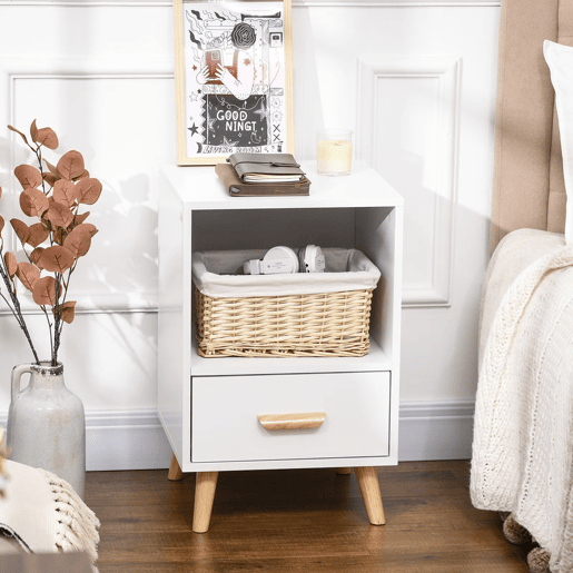 HOMCOM Mesa de Cabeceira Mesa Auxiliar Moderna com 1 Gaveta e Compartimento de Armazenamento para Dormitório Sala de Estar 40x40x62cm Branco e Madeira