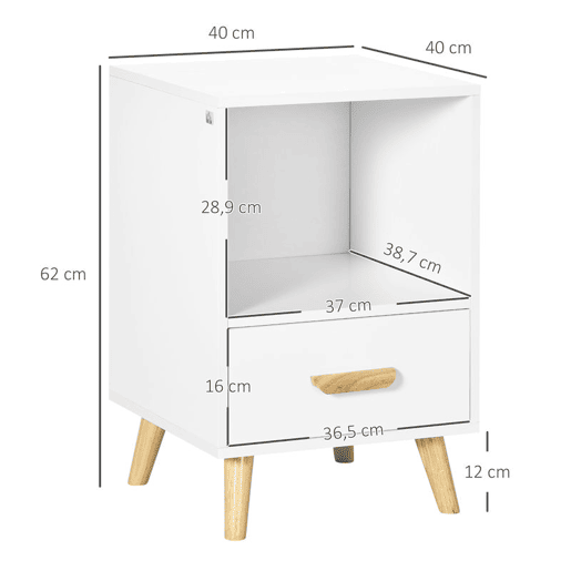 HOMCOM Mesa de Cabeceira Mesa Auxiliar Moderna com 1 Gaveta e Compartimento de Armazenamento para Dormitório Sala de Estar 40x40x62cm Branco e Madeira