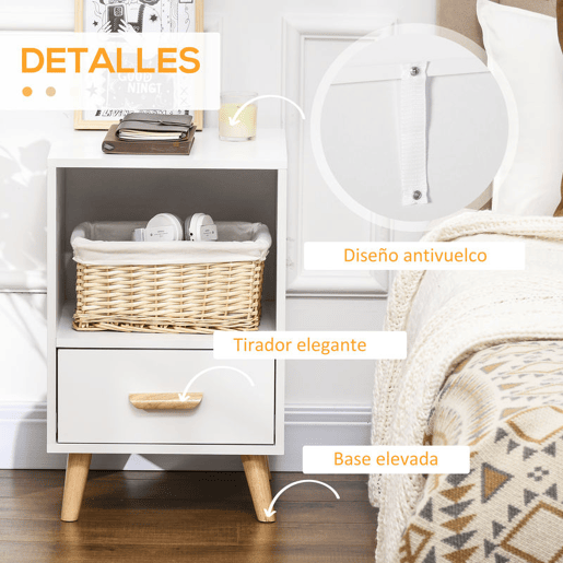 HOMCOM Mesa de Cabeceira Mesa Auxiliar Moderna com 1 Gaveta e Compartimento de Armazenamento para Dormitório Sala de Estar 40x40x62cm Branco e Madeira