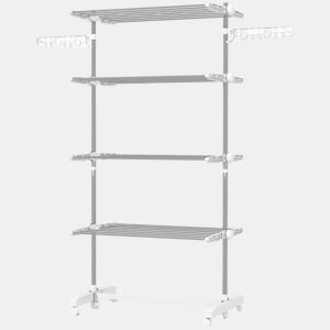 HOMCOM Estendal de Roupa Dobrável 80x55x172cm com 6 Rodas e 4 Prateleiras com Altura Ajustável de Aço Inoxidável Prateado