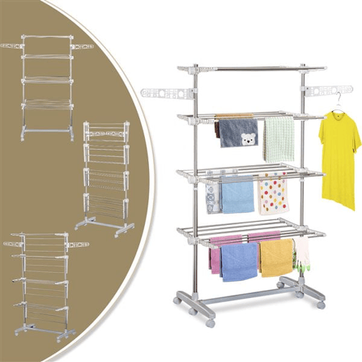 HOMCOM Estendal de Roupa Dobrável 80x55x172cm com 6 Rodas e 4 Prateleiras com Altura Ajustável de Aço Inoxidável Prateado