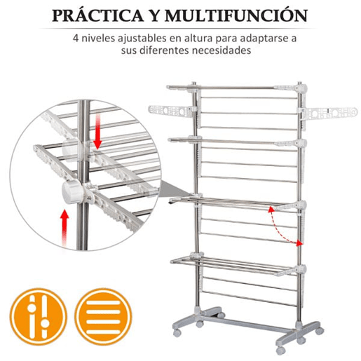 HOMCOM Estendal de Roupa Dobrável 80x55x172cm com 6 Rodas e 4 Prateleiras com Altura Ajustável de Aço Inoxidável Prateado