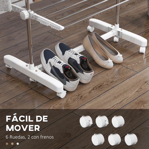 HOMCOM Estendal de Roupa Dobrável 80x55x172cm com 6 Rodas e 4 Prateleiras com Altura Ajustável de Aço Inoxidável Prateado