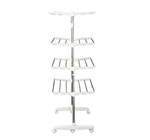 HOMCOM Estendal de Roupa Dobrável 80x55x172cm com 6 Rodas e 4 Prateleiras com Altura Ajustável de Aço Inoxidável Prateado