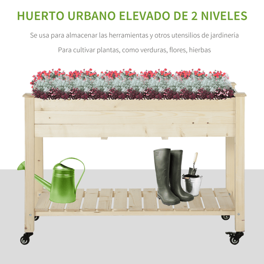 Outsunny Horta Vertical Mesa de Cultivo Elevada com Prateleira Tecido Geotextil Rodas com Freios Portátil para Jardim Terraço 118x55x83cm Madeira Natural