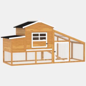 PawHut Galinheiro de Madeira Exterior Gaiola para 2-4 Galinhas com Grade de Arame Tetos Asfálticos Ninho Bandeja Removível Rampa e Zona Aberta 200x80x105cm Natural