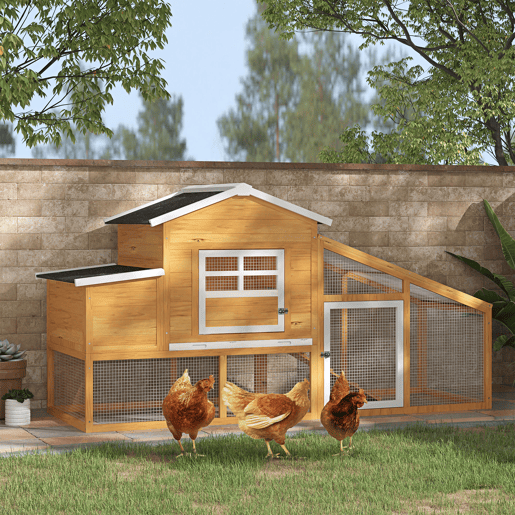 PawHut Galinheiro de Madeira Exterior Gaiola para 2-4 Galinhas com Grade de Arame Tetos Asfálticos Ninho Bandeja Removível Rampa e Zona Aberta 200x80x105cm Natural