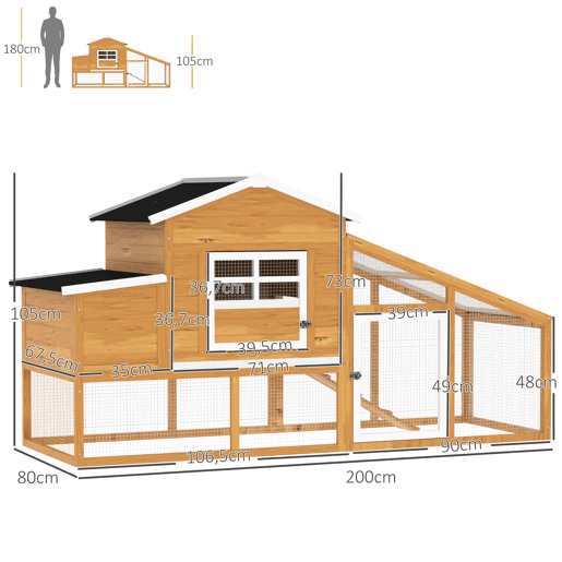 PawHut Galinheiro de Madeira Exterior Gaiola para 2-4 Galinhas com Grade de Arame Tetos Asfálticos Ninho Bandeja Removível Rampa e Zona Aberta 200x80x105cm Natural