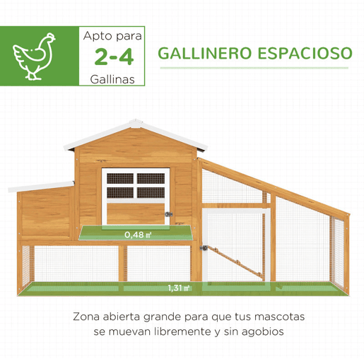 PawHut Galinheiro de Madeira Exterior Gaiola para 2-4 Galinhas com Grade de Arame Tetos Asfálticos Ninho Bandeja Removível Rampa e Zona Aberta 200x80x105cm Natural