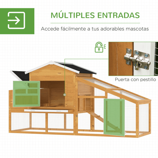 PawHut Galinheiro de Madeira Exterior Gaiola para 2-4 Galinhas com Grade de Arame Tetos Asfálticos Ninho Bandeja Removível Rampa e Zona Aberta 200x80x105cm Natural