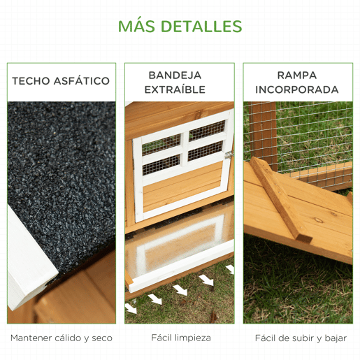 PawHut Galinheiro de Madeira Exterior Gaiola para 2-4 Galinhas com Grade de Arame Tetos Asfálticos Ninho Bandeja Removível Rampa e Zona Aberta 200x80x105cm Natural